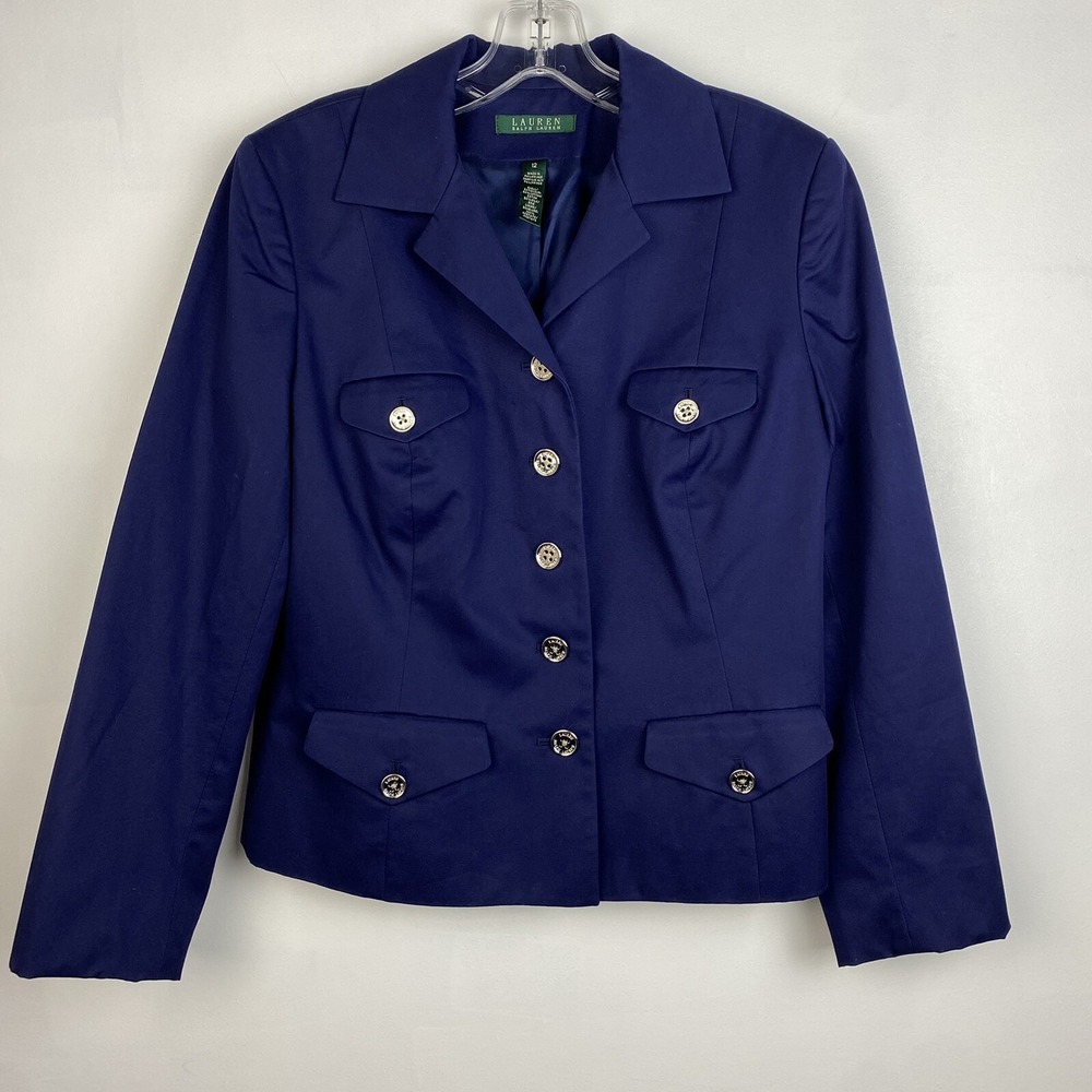 Lauren Ralph Blazer Womens 10 Navy Blue Jacket Silver Button Lined Cotton Read